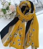 Premium Mustard Yellow Floral Pleated Soft Crinkle Hijab - Image 2