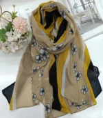 Premium Beige Mustard Floral Pleated Soft Crinkle Hijab - Image 2