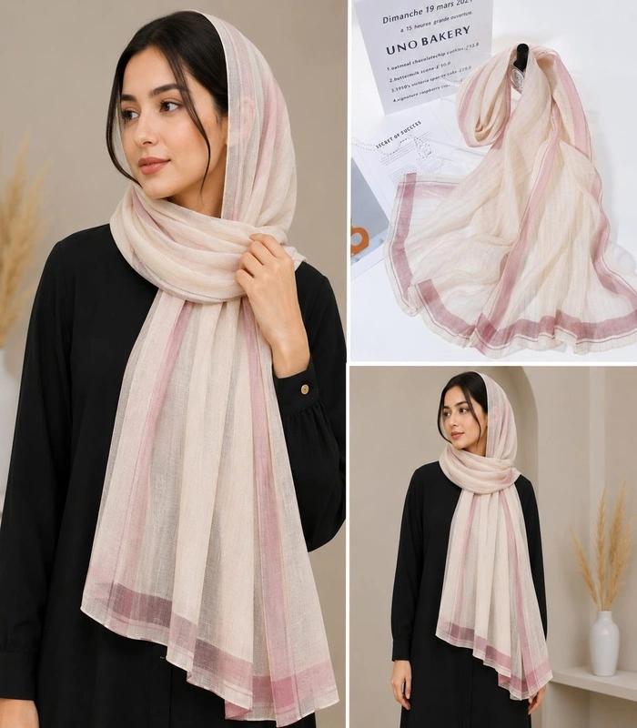 resized_4_700x800 Premium Ivory Blush Pink Dual-Tone Border Silk-Finish Hijab - Image 1