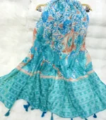 Premium Sky Blue Floral Printed Silk-Finish Hijab - Image 2