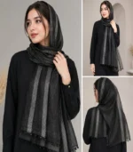 Premium Black Silver Striped Shimmer Silk-Finish Hijab