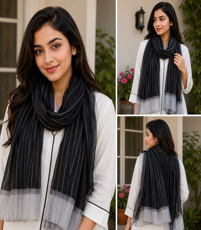 resized_8_700x800(1) Premium Black Silver Striped Shimmer Pearl Border Silk-Finish Hijab - Image 1