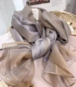 Premium Silver Gray Shimmer Striped Silk-Finish Hijab - Image 2