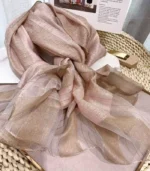 Premium Blush Pink Gold Shimmer Striped Silk-Finish Hijab - Image 2