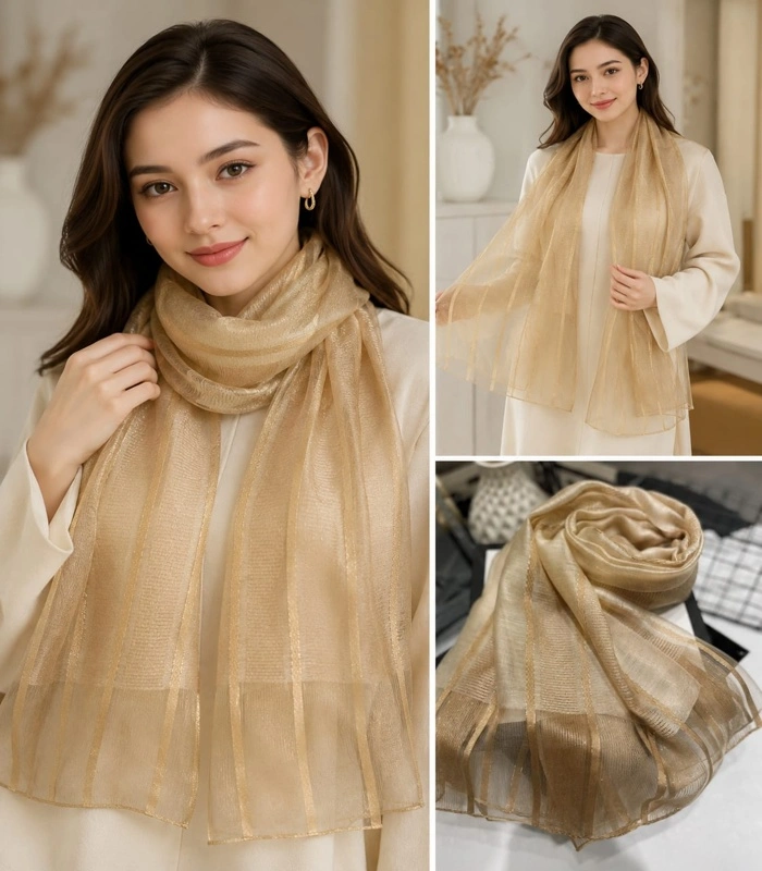 rr (5) Premium Golden Champagne Shimmer Striped Silk-Finish Hijab - Image 1