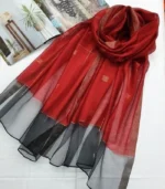 Premium Ruby Red Gold Shimmer Black Border Silk-Finish Hijab - Image 2