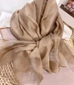 Premium Sand Beige Gold Shimmer Striped Silk-Finish Hijab - Image 2